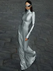 2024 Spring New in Women's Sexy Zip-up Solid Gray Long Maxi Dress High Street Elegant Ladies Slim Fit Party Night Club Dresses