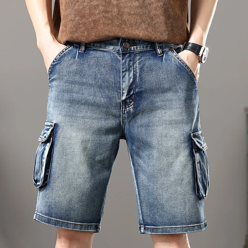 American High Street Washed Retro Denim Shorts Youth Fashion Multi-pocket Loose Denim Pants for Men Workwear Shorts