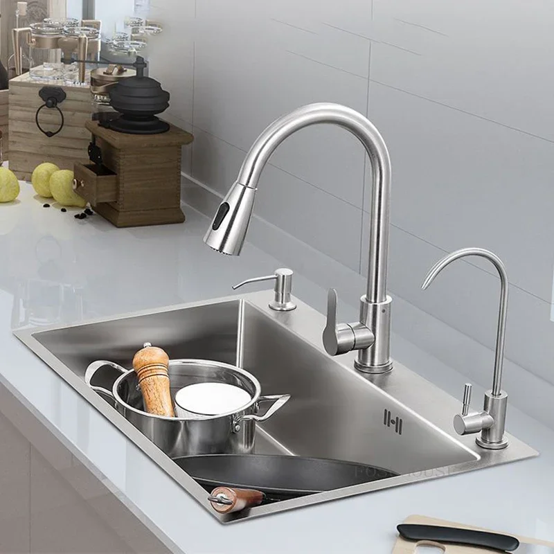 Kitchen Sink Single-slot 304 Stainless Steel Thickened Handmade Wash Basin Household Dishwashing Sink Large Under-counter Basin