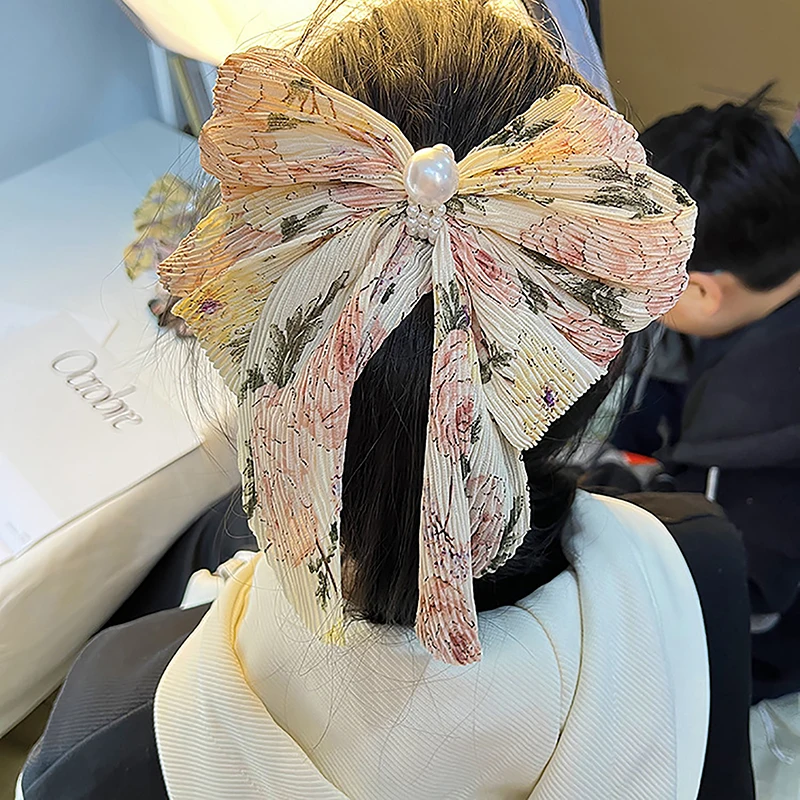 Chiffon Big Bow Pearl Blumen Haars pange Fee geknotet lange Band Feder clip Pferdes chwanz Haarnadel Haarschmuck für Mädchen Kopf bedeckung