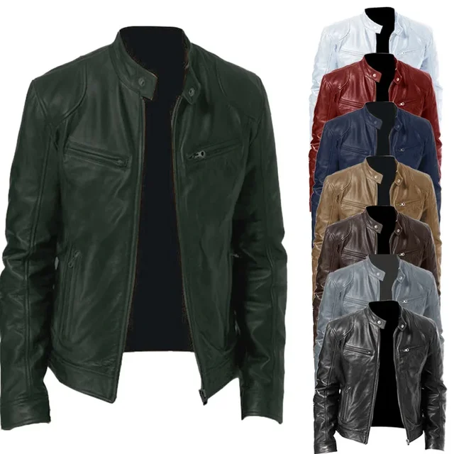 Mens Leather Jacket Autumn Winter Business Gentleman Warm Zipper Cardigan Pocket PU Leather Jacket Stand Collar Slim Coat - Image 5