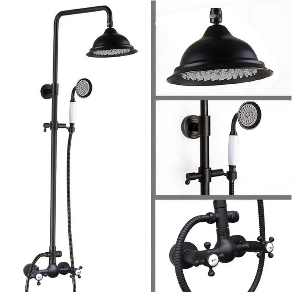 

Black Oil Rubbed Bathroom Rain Shower Faucet Set with Handheld Shower Head & Wall Mounted Dual Cross Handles Mixer Taps trs491