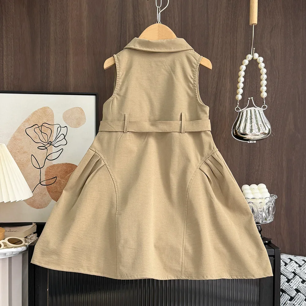 Koreanische Version Khaki Mädchen Casual Kleider Ärmel Flip Kragen Arbeitskleidung Kinder Kleid Sommer Neue Einfarbig kinder Kleidung – Detail 3