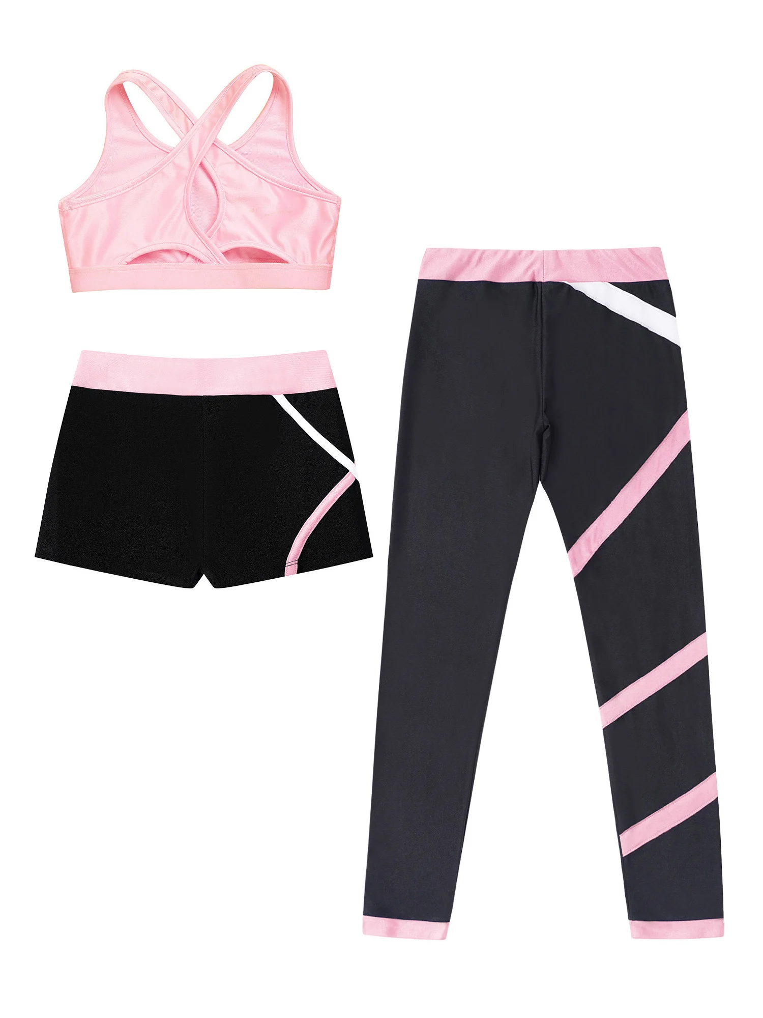 Kinder Mädchen Gymnastik Training Praxis Fitness Anzug 3Pcs Eiskunstlauf Bh Tops + Hosen Set Tank Top Shorts Leggings hosen – Detail 5