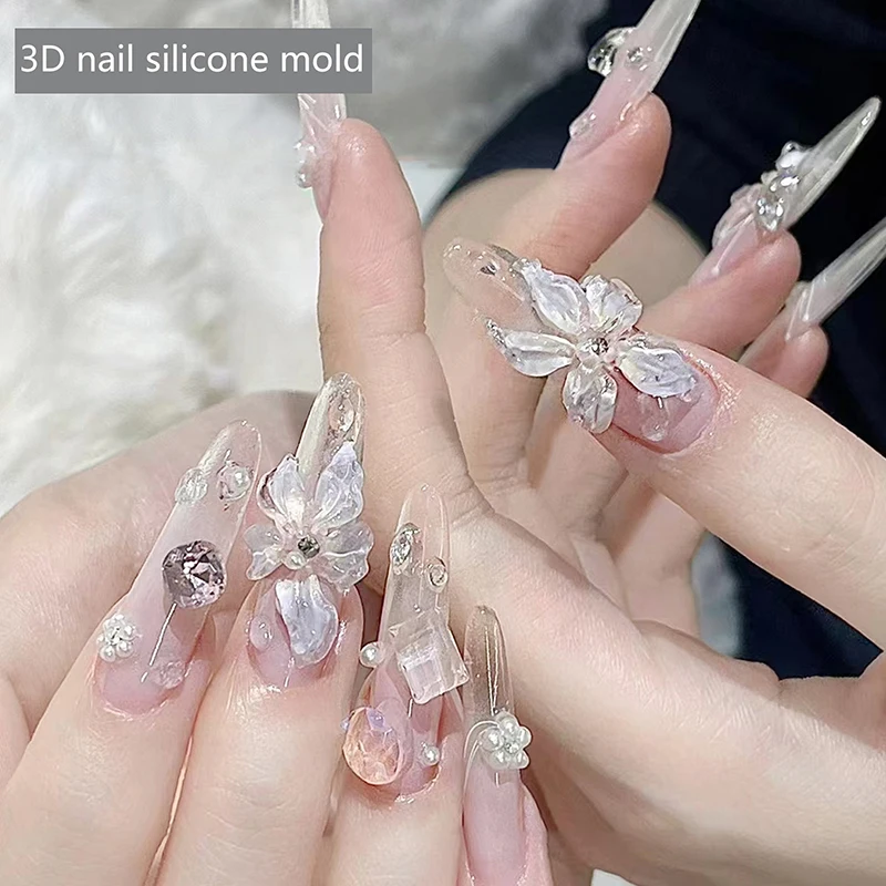 뜨거운 실리콘 꽃 나비 네일 조각 몰드 3D 스탬핑 플레이트 네일 스텐실 DIY UV 젤 매니큐어 도구 네일 아트 애호가용