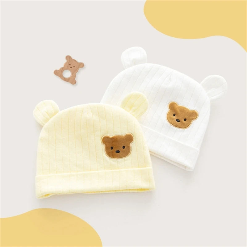 Soft Elastic Newborn Cap Cotton Infant Bonnet for 0-3 Months Newborns Cartoon Bear Ear Baby Sun Cap for Girls Boys