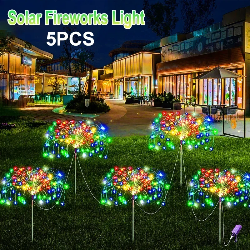 5Pcs Solar Power Fireworks Light 400LEDS Outdoor Solar Light Waterproof LED Fairy Lights 8 Modes Lighting For Garden Lawn Yard