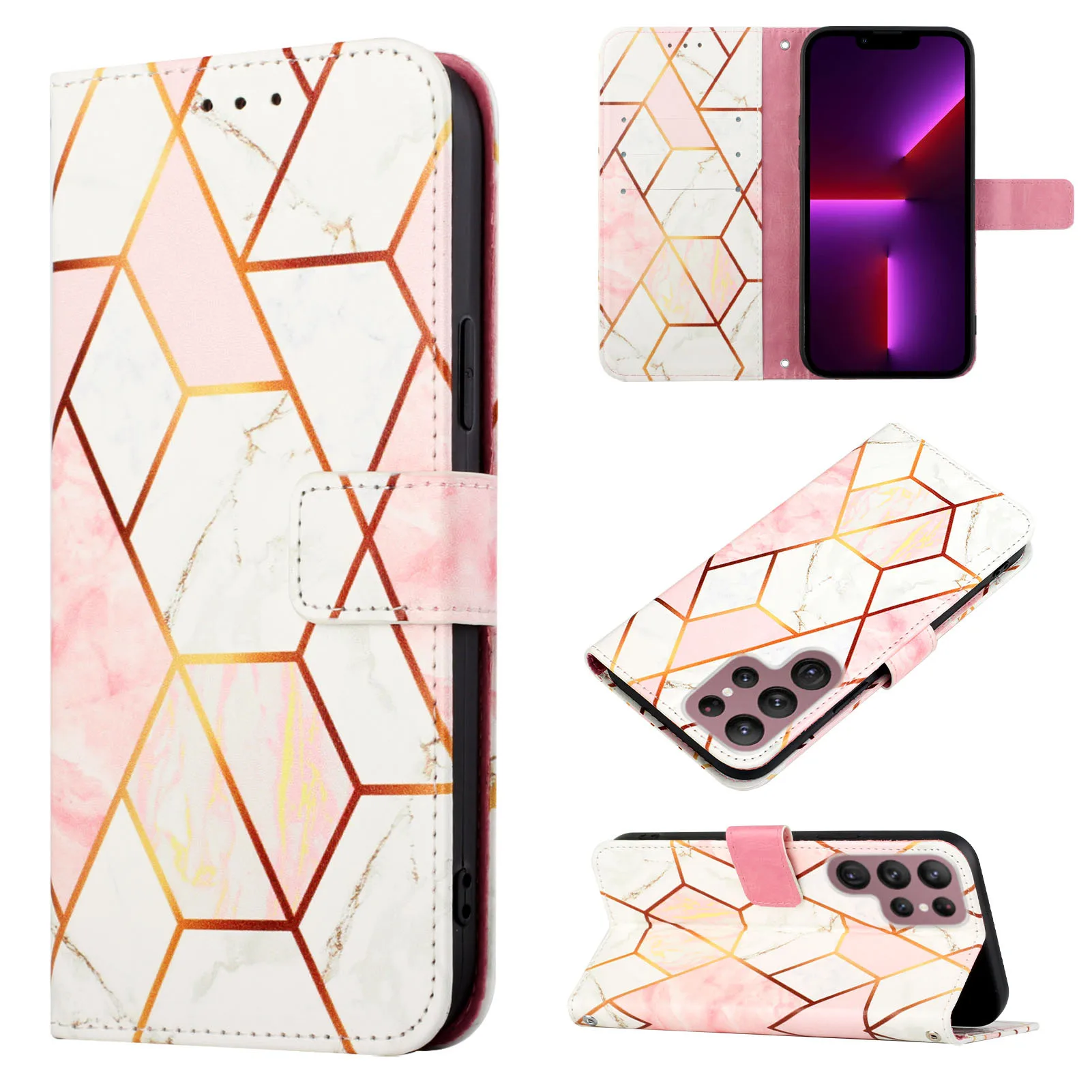 Luxury Marble Leather Crossbody Book Case with 3 Card Holder & Wrist Rope Wallet Cover