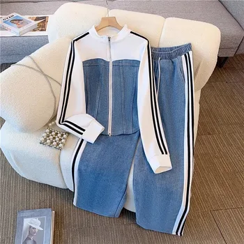 Pant Set Women Two Piece Sets Denim Splice Zipper Matching Sets Casual Coats Wide Leg Long Pants Lace Up Elastic Waist 2025 1
