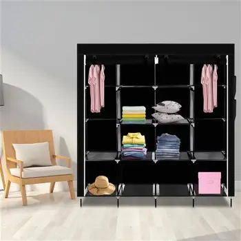 67" Clothes Closet Portable Wardrobe Clothes Storage Rack 12 Shelves 4 Side Pockets Black 1