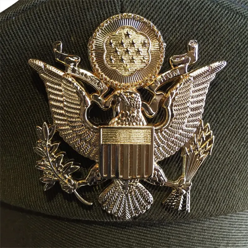 WWII WW2 US Army Wide Brim Cap With golden Color Badge Military Officer Hat