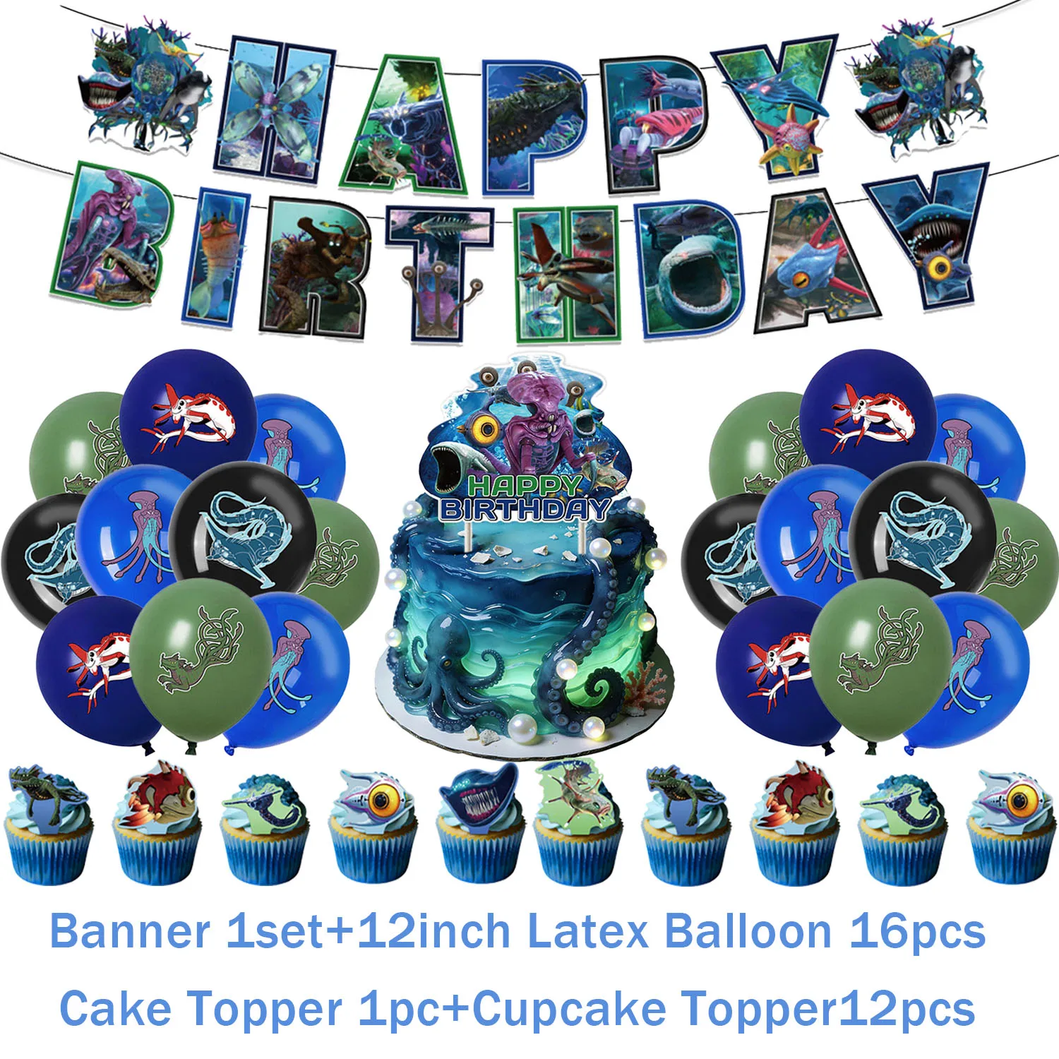S-Subnautica Themen-Geburtstagsparty-Dekorationen: Wunderschöner Unterwasserwelt-Meeremonster-Kuchenaufsatz, Ballonbanner, Fotohintergrund – Detail 2