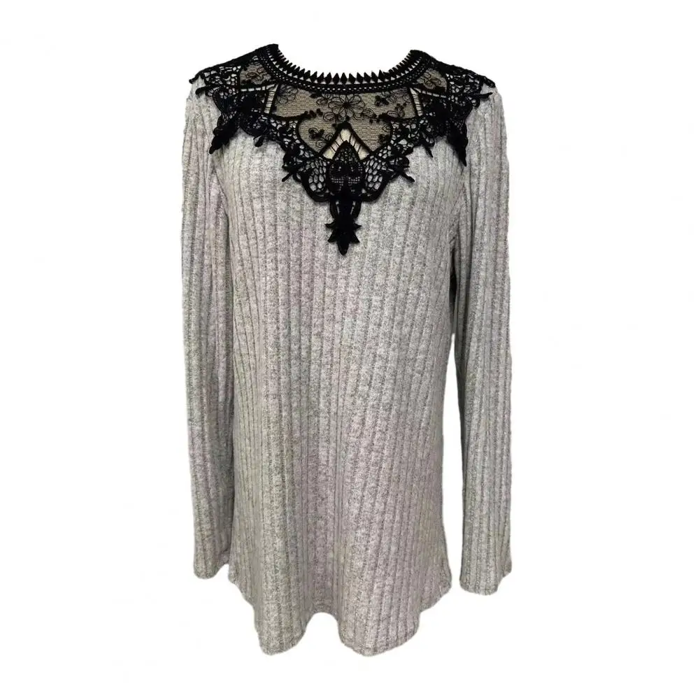 

Casual Round Neck T-shirt Stylish Lace Patchwork Women's Pullover Blouse for Fall Spring Round Neck Long Sleeve Warm Top