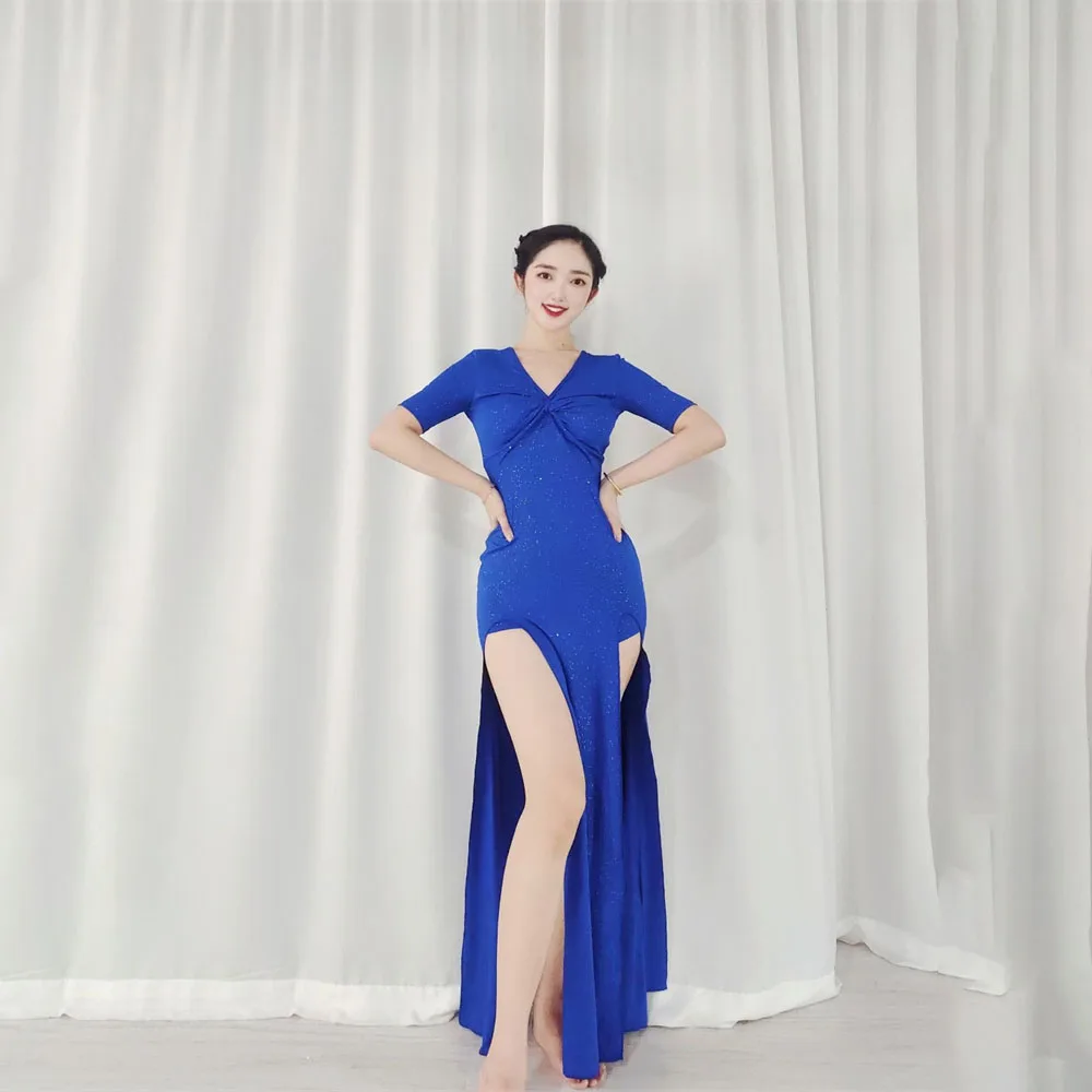 

Sexy Salsa Silver Open Back Dress Belly Dance Practice Performance Costume Comes With Chest Cotton Women's Dress Blue Split Long
