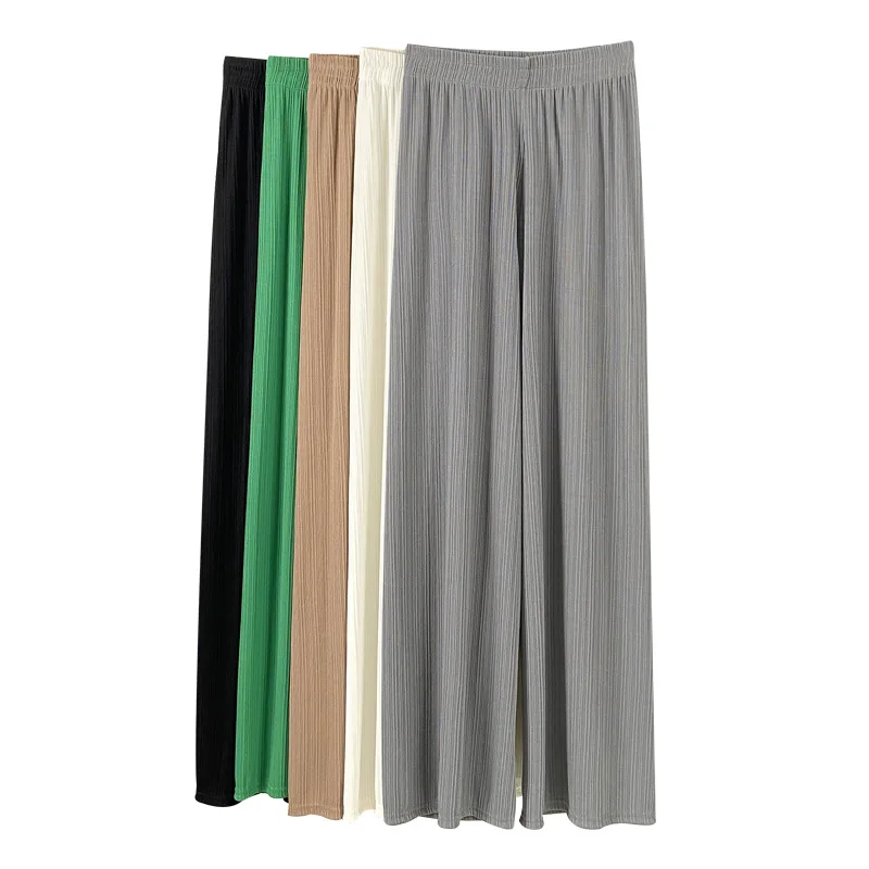 Ice Silk Wide Leg Pants Women\'s Spring and Autumn Thin Fold Vertical Stripe Chiffon High Waist Draping Loose Straight Leg Pants