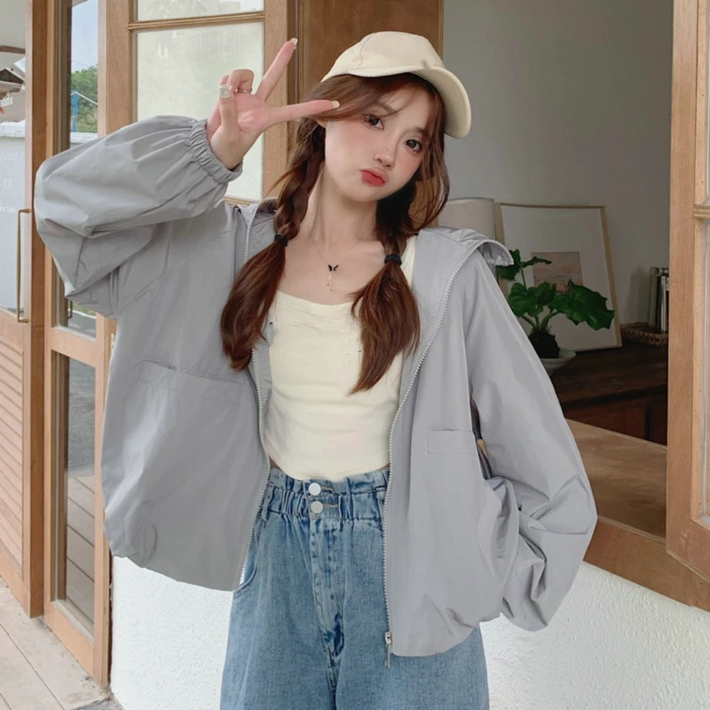 All-match Loose Sunscreen Coat Women Quick-Drying Solid Color Sun-Protective Tops Clothing Out Wear Hooded Jacket Spring Autumn