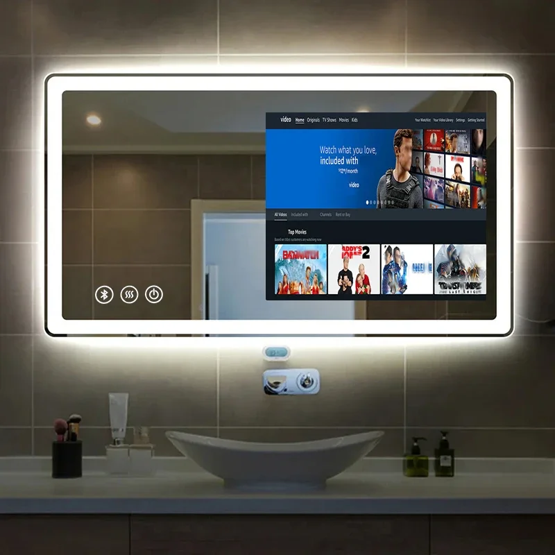 

Wholesale Hotel Home touch screen mirror with tv android 11 Led bath Gym magic Smart Mirror IP65 Waterproof bathroom mirror tv