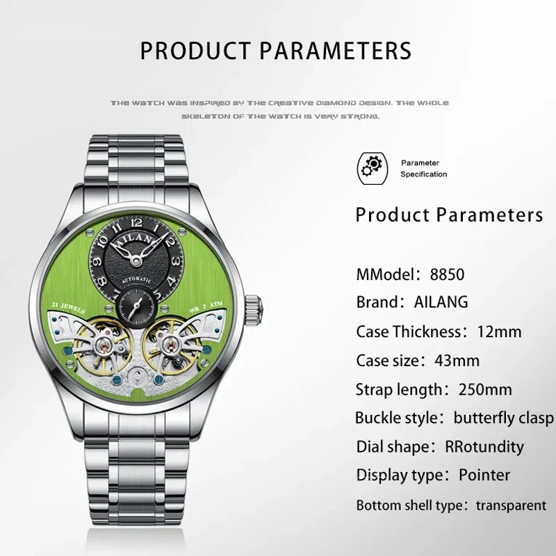 Ai Lang Mode automatische mechanische Uhr Herren Doppel Tourbillon wasserdicht Trend Skelett Design Sport Luxusuhr – Detail 9