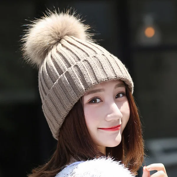 

Women Hat solid color Knitted Hat with faux fur Ball Fashion Woolen Hat Cap Winter Warm Outdoor Hat