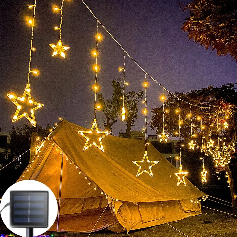 Solar Powered Led Icicle Star Moon Lamp Fairy Curtain String Lights Ghirlanda Decorazioni Natalizie Per La Decorazione Della Finestra Della Festa Nuzi