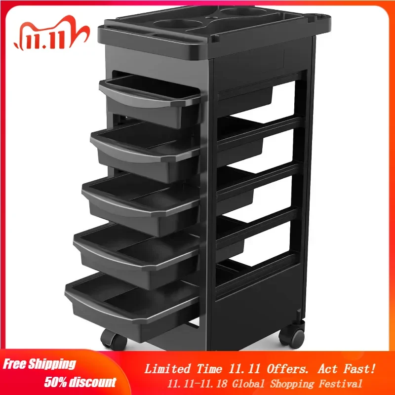 Budget Hair Styling Salon Trolley Cart with Wheels and 5 Drawers, Salon Rolling Cart for Extra Hairdresser Storage