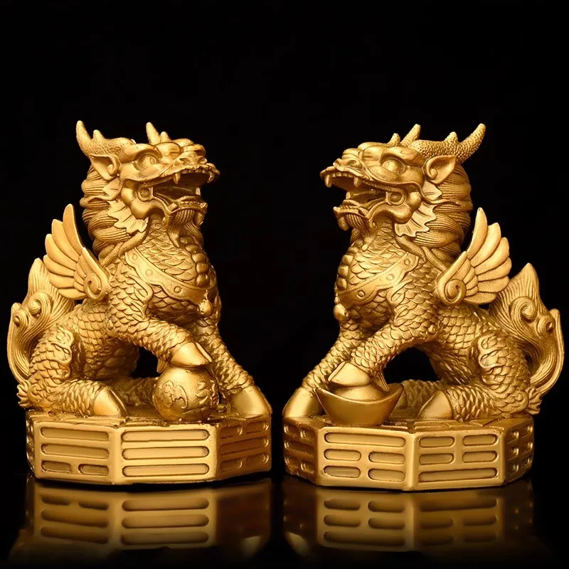 Pair of Chinese Qilin Statues (Auspicious Kirin) - Solid Brass Mythical Creature Sculpture with Coin Design, Feng Shui  Decor