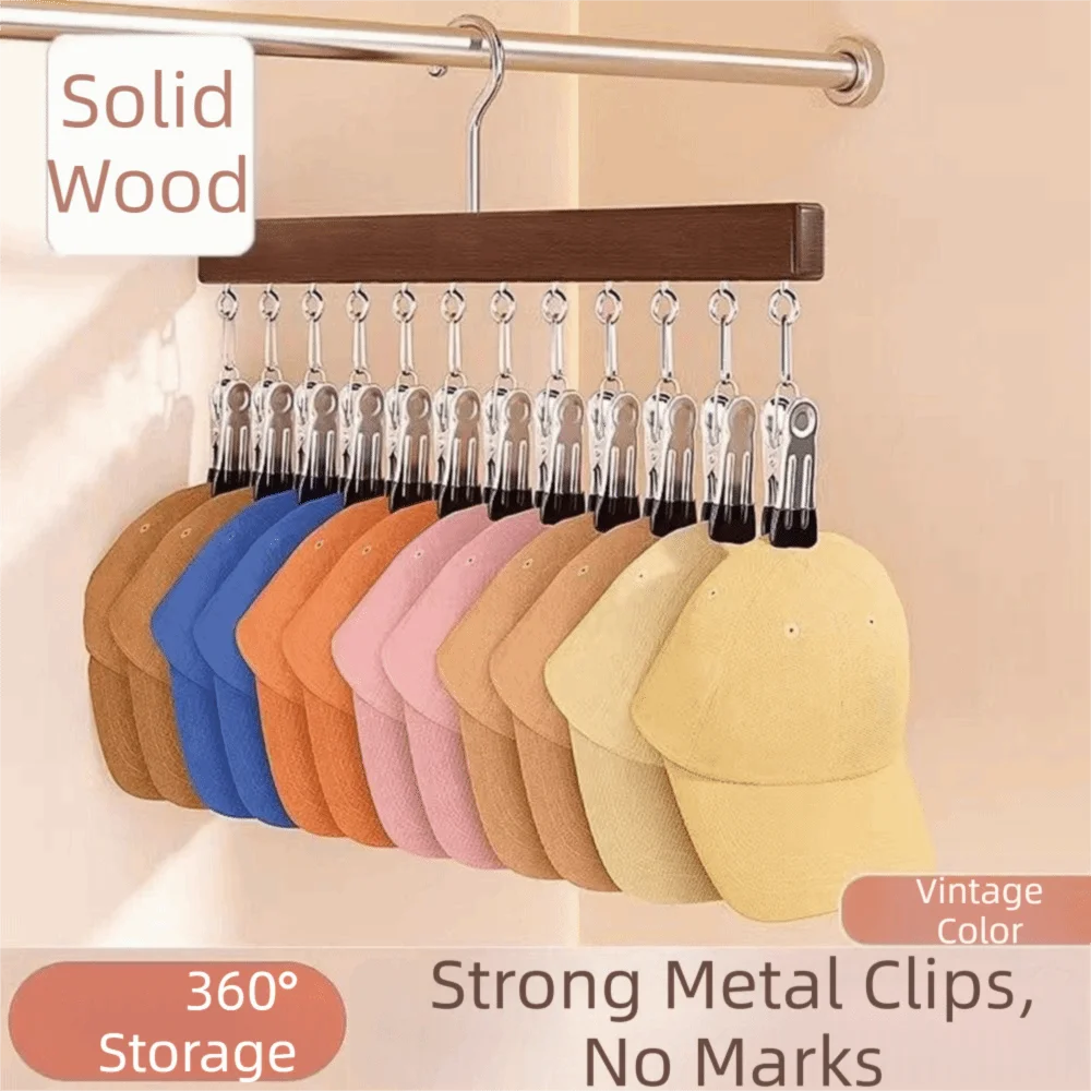High Quality 360°Rotation Wood Hanger Stainless Steel 10/12 Clips Drying Rack No Trace Multi-function Storage Rack Socks Hanging
