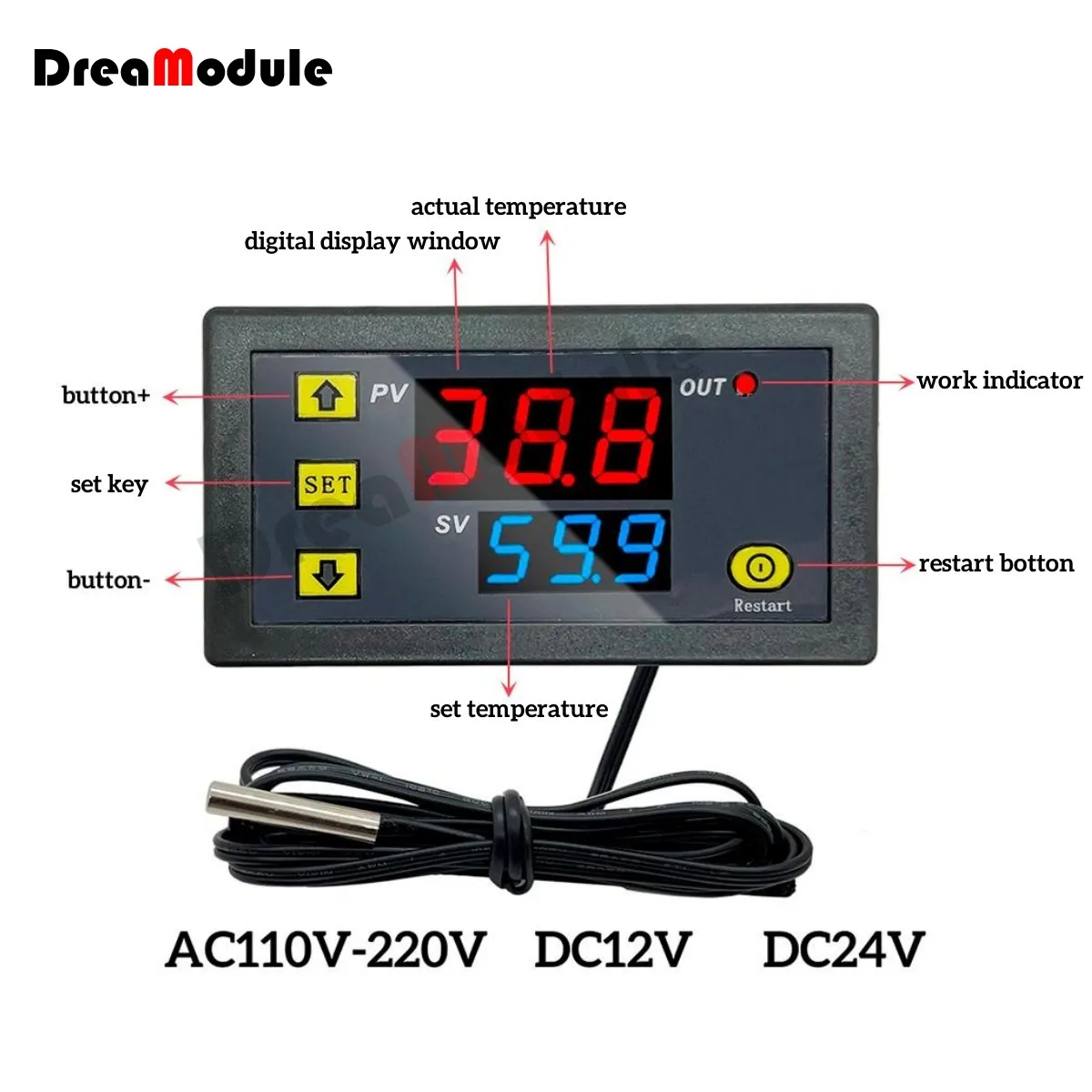 терморегулятор 12 вольт регулятор температуры батареи Цифровой регулятор температуры W3230, релейный выход-55 ~ 120 ℃, регулятор термостата, переключатель управления нагревом и охлаждением, 220 В/12 В/24 В, 20 А