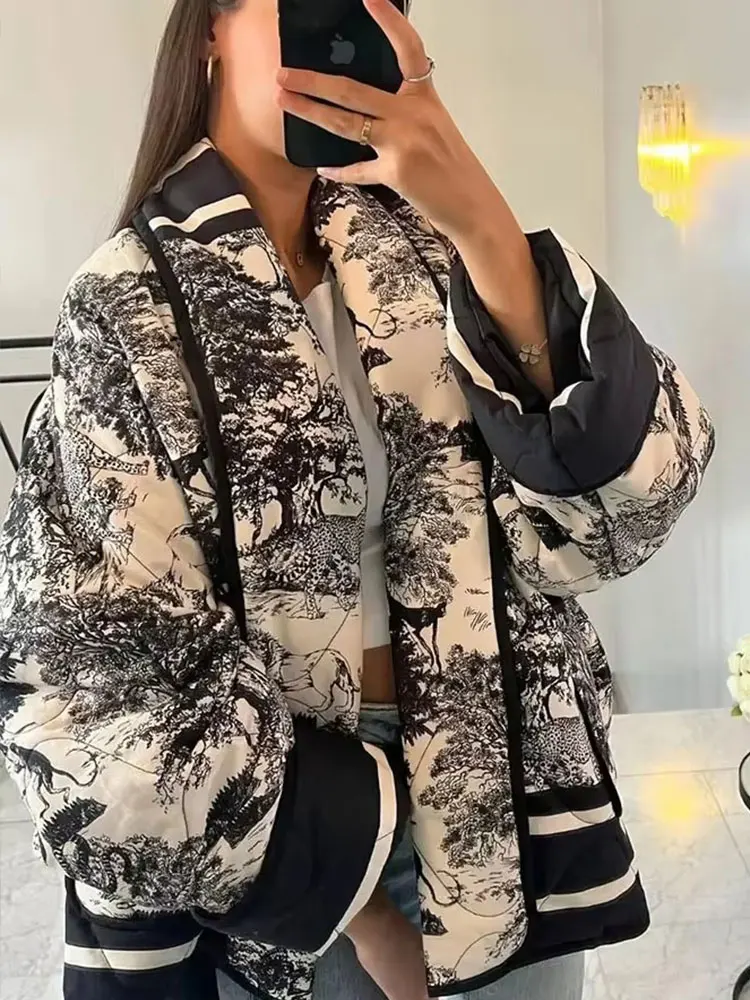 HH Print Short Jacket Women Long Sleeve Warm Pocket Cardigan Coat Autumn Winter New Fashion Y2K Female Street Outwears