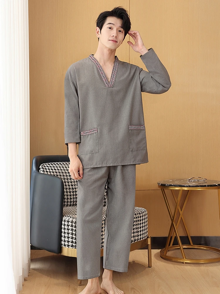 Men's Long Sve Batobe Long Leg Sauna Suit Cotton St Bathing Suit for Bathhouses Health Massage Center Sauna Clothing