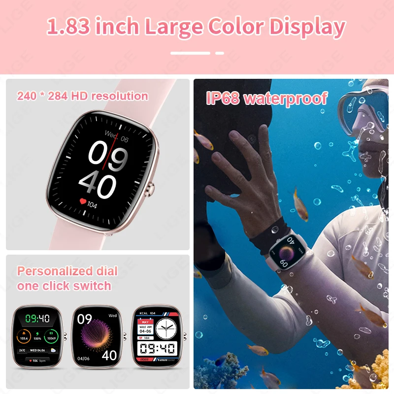 LIGE Fashion 1.83 inch HD Screen Smart Watch Women IP68 Waterproof Bluetooth Call Men Watches 24-hours Health Monitor Smartwatch