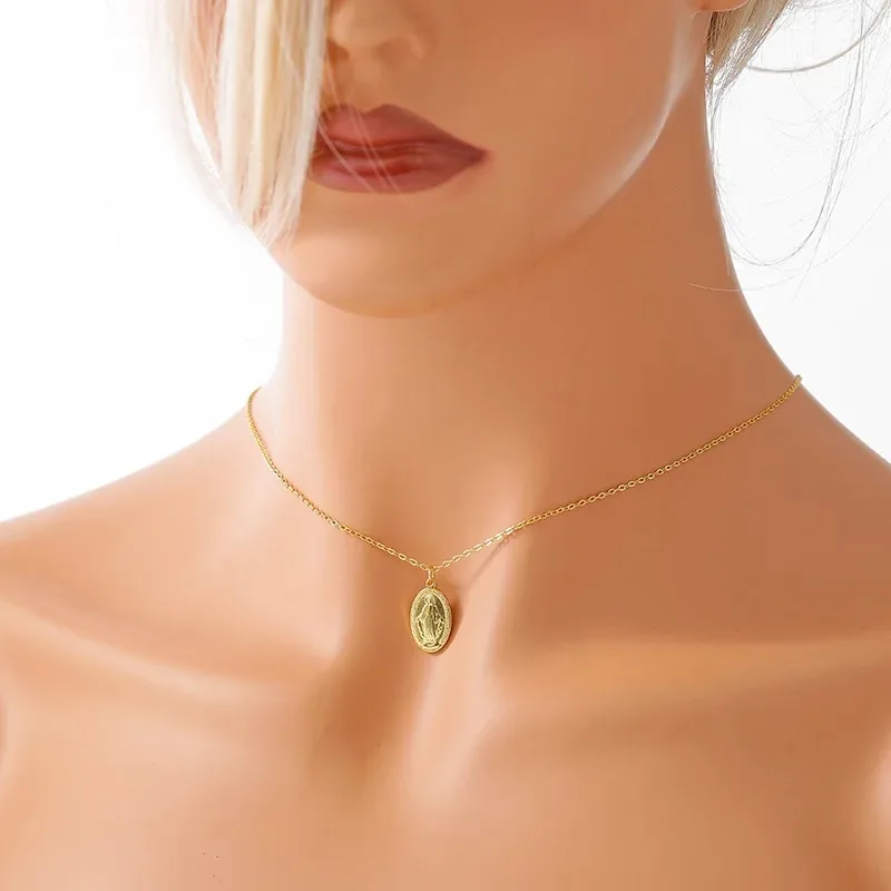 Verdigis Virgin Mary Coin Necklace - 925 Sterling Silver Religious Pendant with Gold Plated Chain, Elegant Catholic   Gift