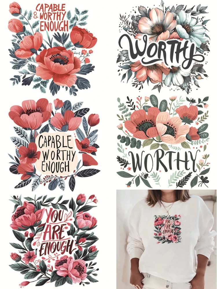 Blumen schriften fähig und würdig genug Eisen auf Patches Wärme übertragungs aufkleber drucken für Kleidung