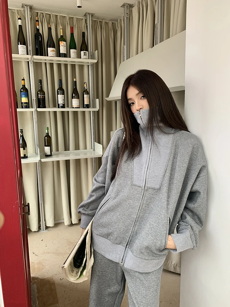 Y2K Casual Two-piece Set Solid Tracksuit Stand Collar Long Sleeve Zip-up Sweatshirt Long Pants Korean Fashion Autumn New Outfits