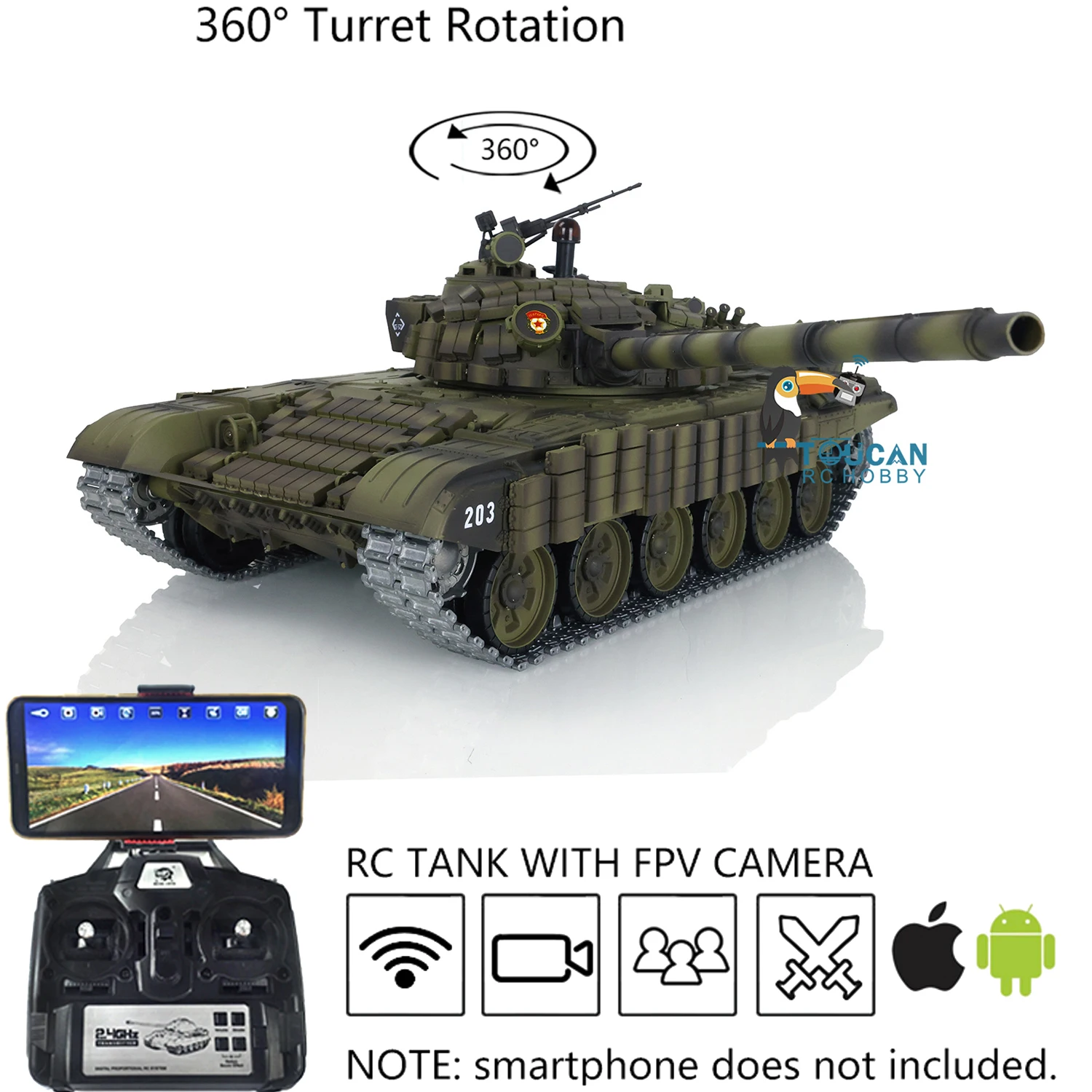 Heng Long 1/16 Scale 7.0 RC Battle Tank Model FPV T72 3939 360° Turret Rotation Armor First Person View System TH20571-SMT1 3