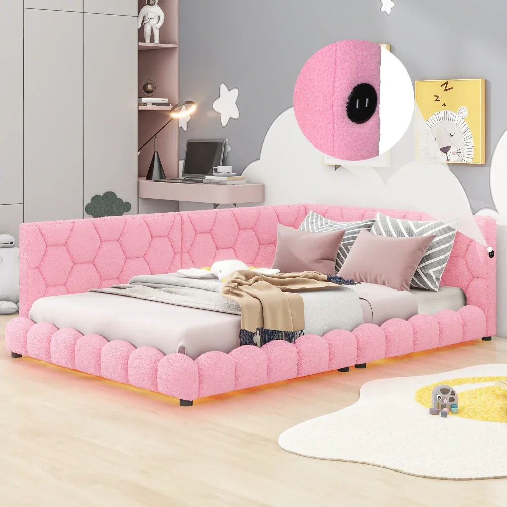 Upholstered Full Size Platform Bed with USB Ports and LED Belt,Pink Bed for Girls From 6To12 Years Princesses Bunk Beds for Kids 4