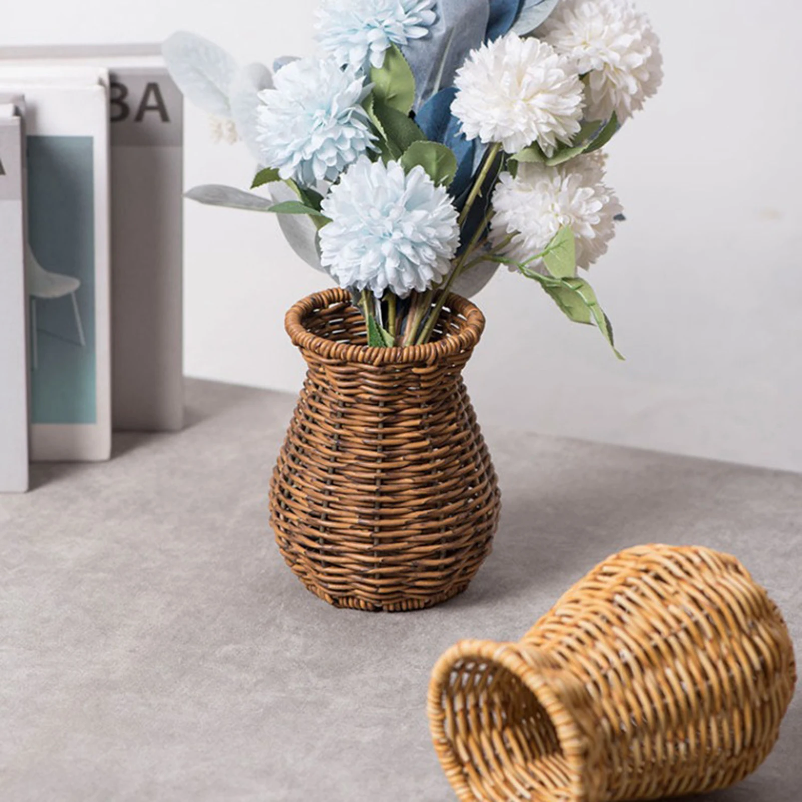 Handgewebte Kunststoff-Rattan-Blumenvase für Trockenblumen, kreative Haushaltsdekoration, Tischdekoration, Büro-Effekt, schicker Blumentopf – Detail 1