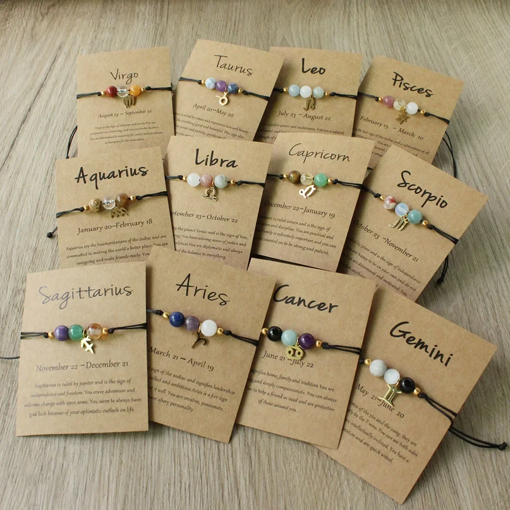 12 Zodiac Signs Natural Stone Charms Bracelet for Women Men Braided Card Paper Bracelet Leo Virgo Libra Gift Adjustable