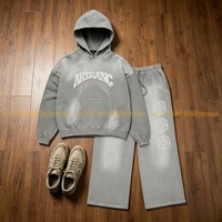 Ensemble sweat à capuche et pantalon gris délavé vintage, survêtement ample imprimé ARIRANG, streetwear décontracté pour le quotidien et le sport 3