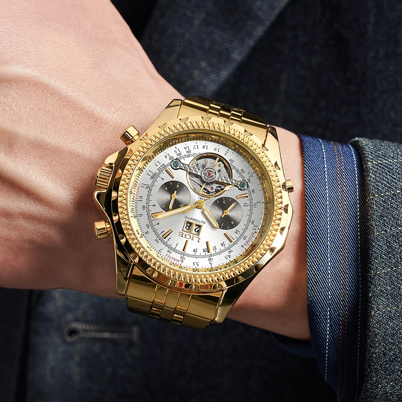 LIGE Top Brand Watch Men Automatic Tourbillon Mechanical Watch for Men Gold Multifunctional Luminous Waterproof Men's Watches