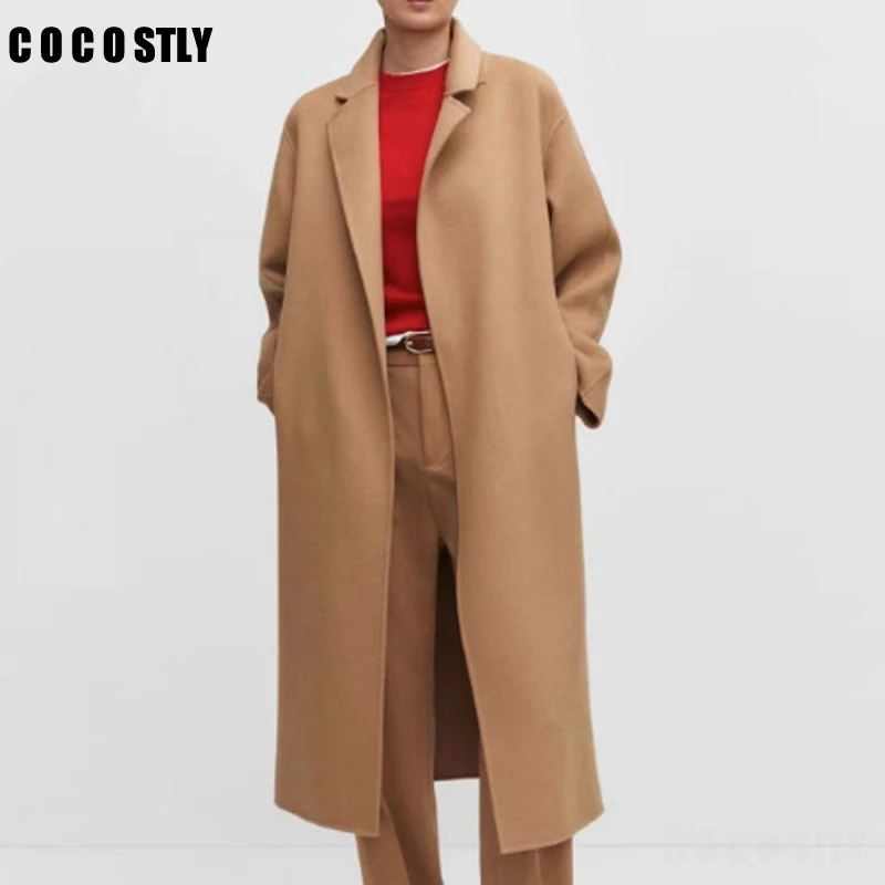 

2024 Autumn Winter Women Basic Lapel Solid Belt Woolen Coat Female Casual Commut Outwear Loose Mid Length Jacket Overcoat Mujer