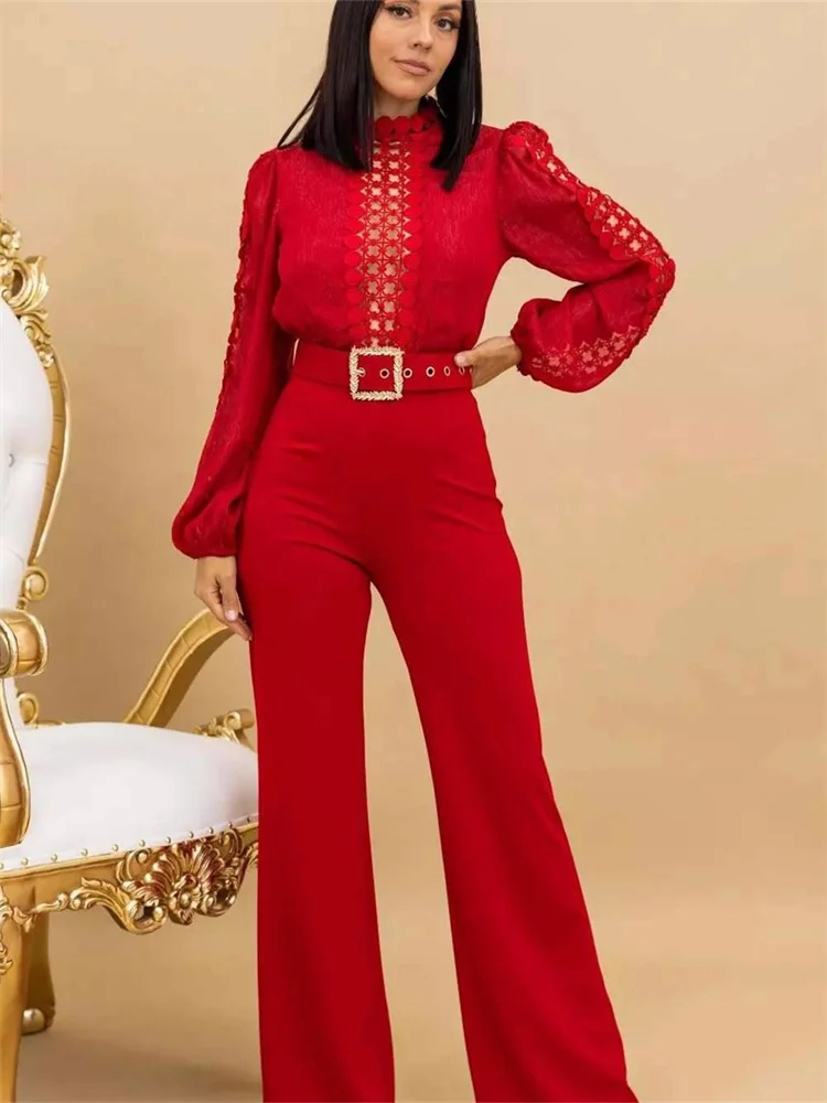 Wmstar Jumpsuit Women Wholesale Elegant and Distinctive Lace Patchwork Lace Up Hollow Out Wide Leg Romper Office Lady with Belt