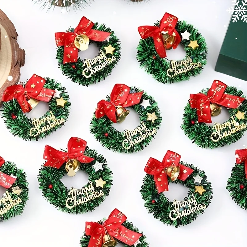 10/20 Stück Mini-Weihnachtskränze mit roten Schleifen und goldenen Glocken – Weihnachtsdekoration aus Kunststoff für mehrere Gelegenheiten – künstliches Basteln – Detail 2