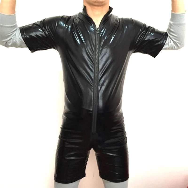 Wetlook Fetish Men Latex Wear PVC Leather Short Bodysuit Catsuit Open Crotch Pole Dance Jumpsuit BDSM Gay Sexy Sissy Lingerie