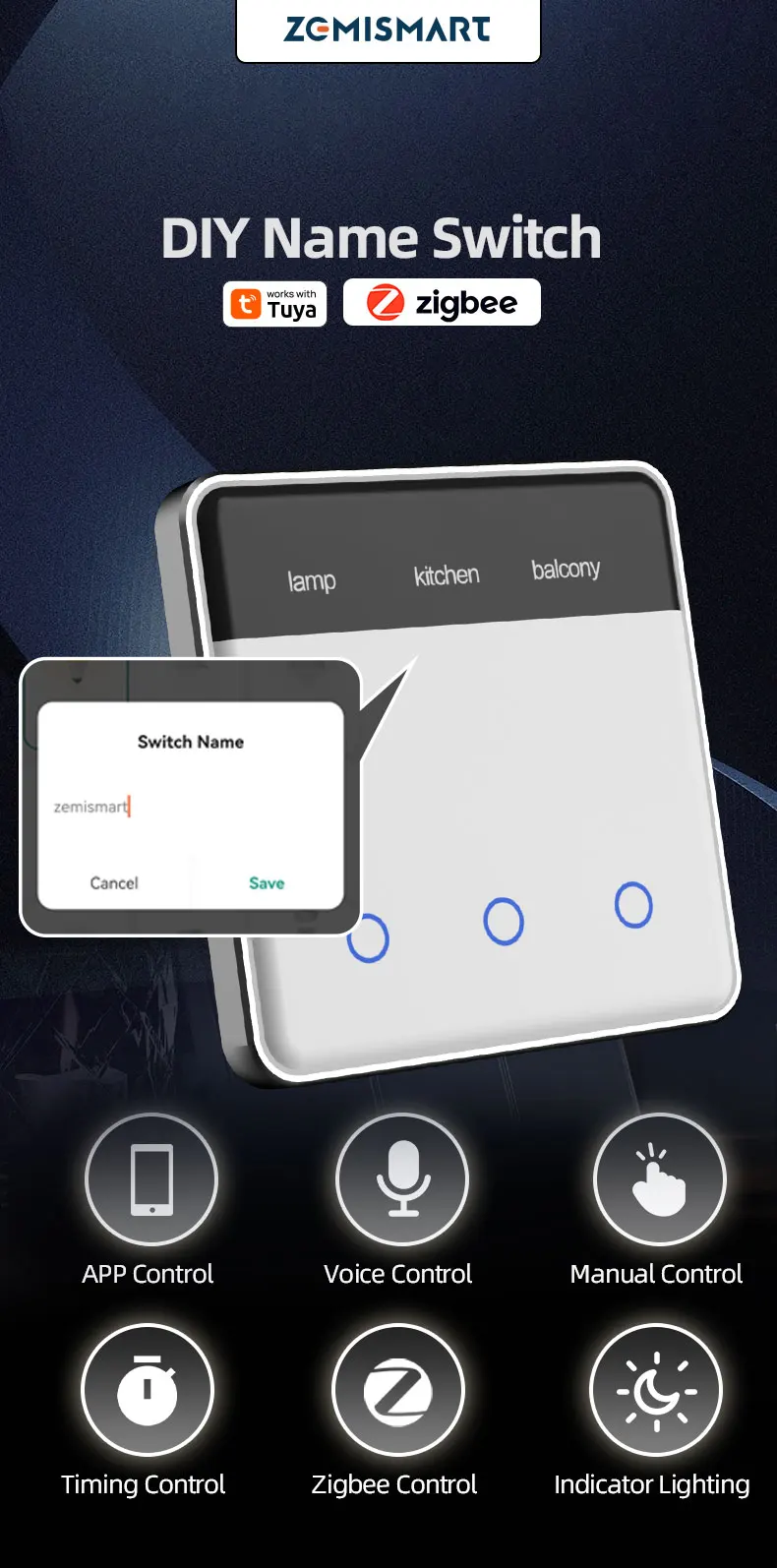 Zigbee DIY Name Switch with Display Screen Touch Panel EU Light Switch Works wit