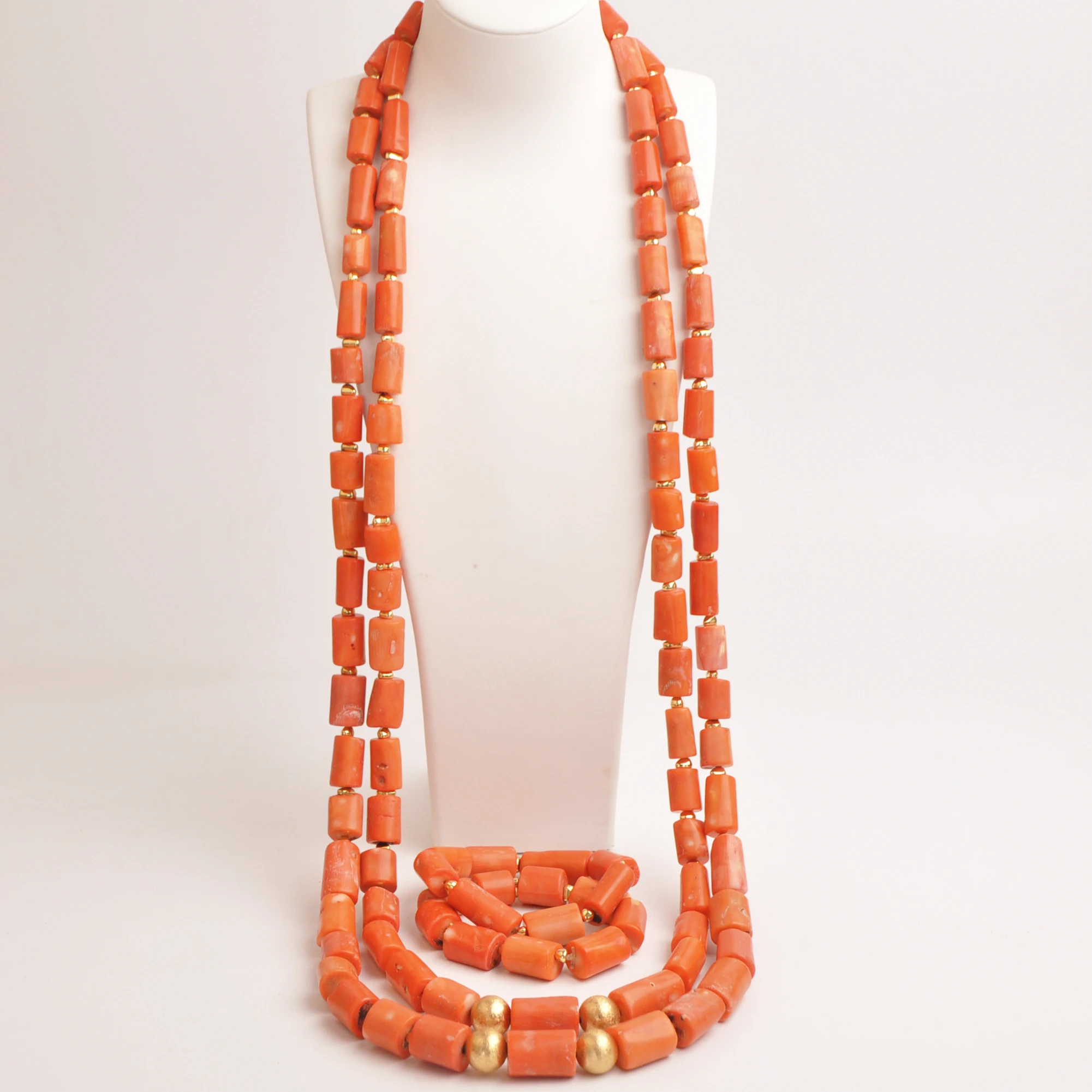 

48inches Double Layers Orange Original Coral Bead Necklace for Men Nigerian Wedding Groom Sets