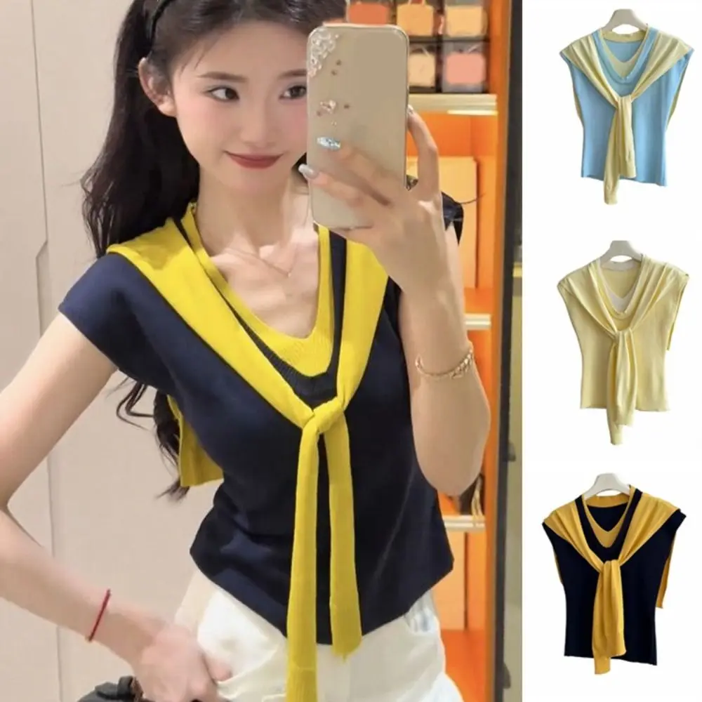 Lace-up Fake Two Pieces T-shirts V-neck Patchwork Slim Knit Crop Top Short Sleeve Korean Style Sweet Girl's Tees Top Streetwear