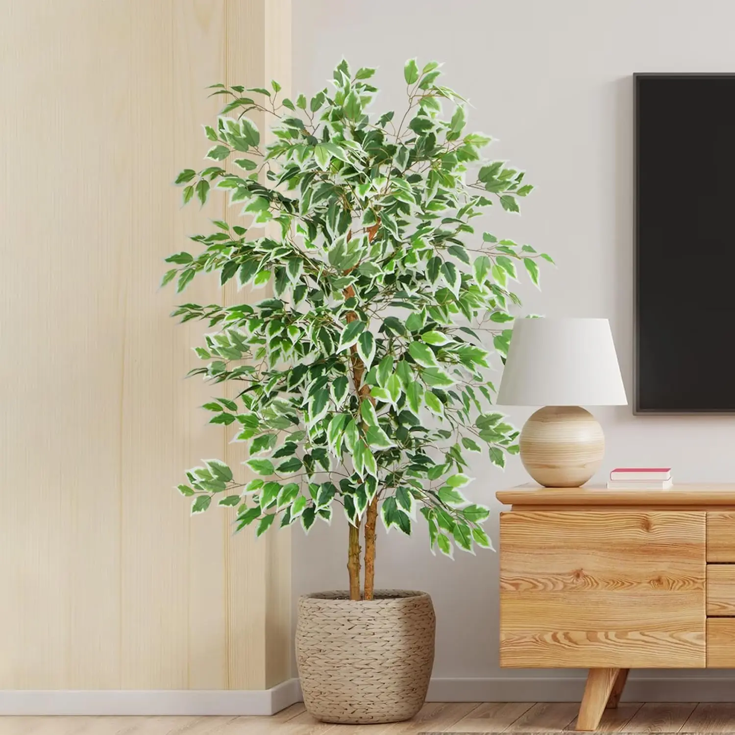 5ft Ficus Tree Artificial, Tall Fake Tree with Natural Trunk Faux Trees Indoor Silk Ficus Leaves Artificial Trees for Home Decor