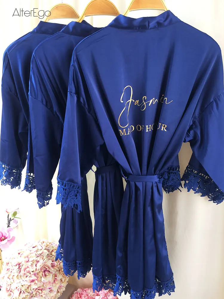 Navy Blue Robes Lace Trim Dressing Gowns Satin Silk Personalisation of BRIDESMAID Kimono MOTHER OF THE BRIDE Robe MAID OF HONOUR