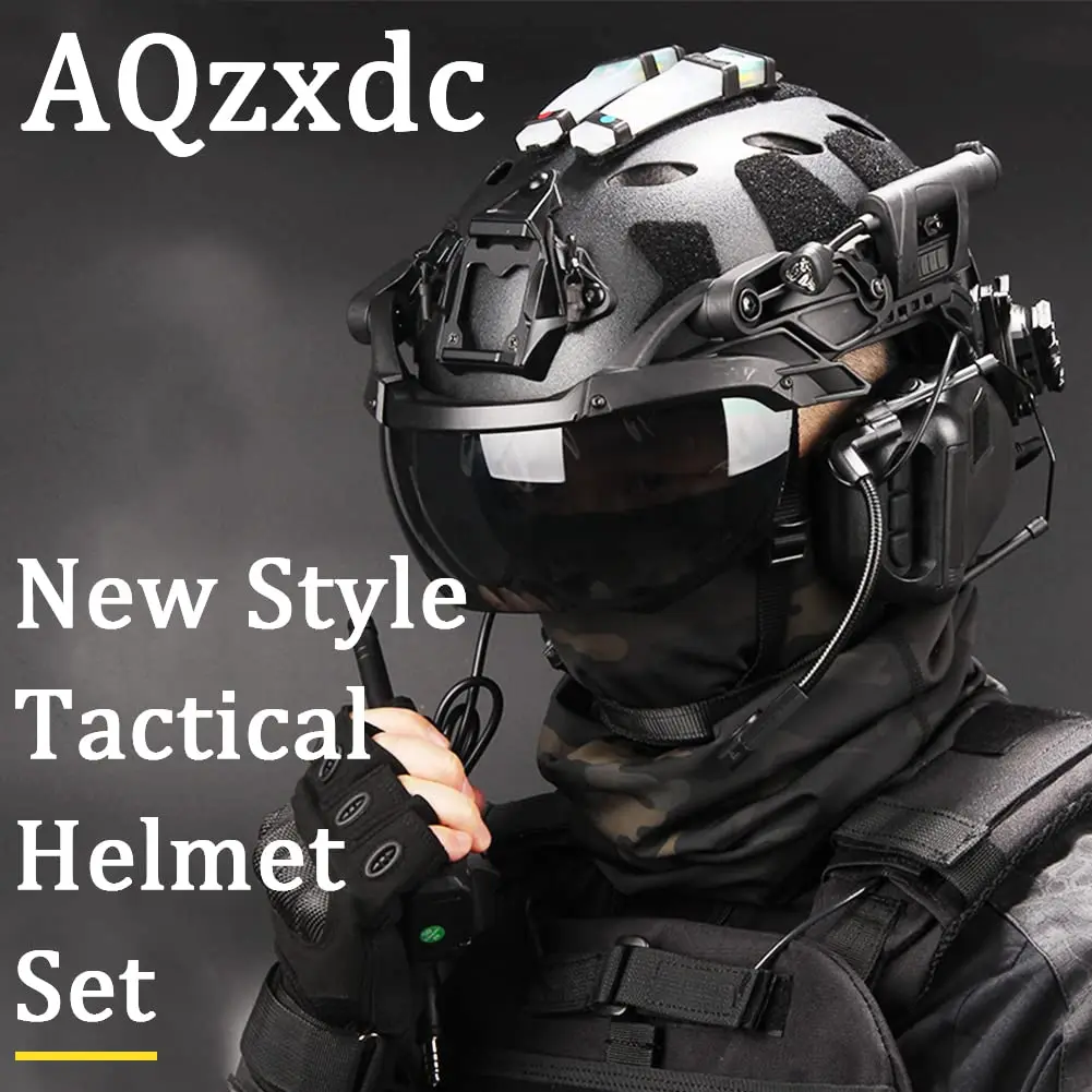 FAST Helmet Set, With Visor and Pickup Noise Canceling Headset, Signal  Light, Balaclava, Alloy-Aluminum NVG Shroud, for Airsoft